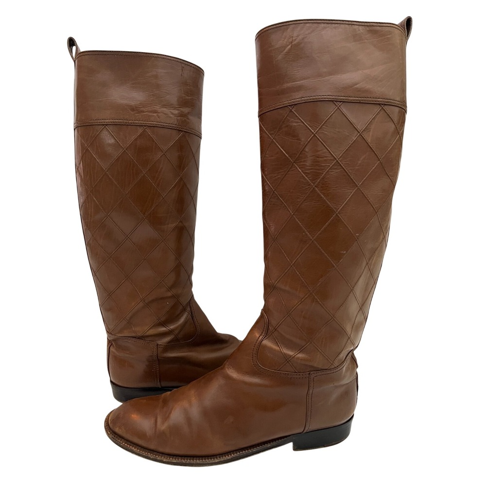Chanel Vintage 90s Brown Quilted Leather Riding Boots Tall Equestrian Size 39